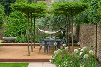 View to dining area in urban town house garden under pleached tree canopy. 
