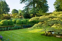 View across formal garden, including mown lawn, trees and clipped topiary balls. 
