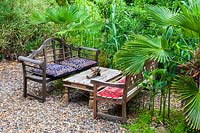 Benches with Arundo donax and Trachycarpus fortunei