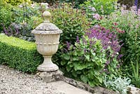 Stone urn by steps with Buxus clipped hedging and herbaceous border, Scotland 