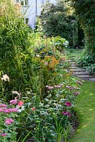 Mixed flowering border in NGS garden, St Albans, Hertfordshire, UK. 