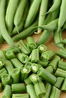 Phaseolus vulgaris 'Mamba' French climbing beans, picked and cut up for cooking