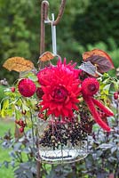 Hanging autumn floral arrangement with red dahlias, elderberries and leaves
