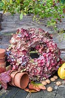 An autumnal rustic hydrangea wreath.  