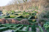 View of formal clipped hedging and topiary at Veddw House Garden, Monmouthshire, Wales, UK.
