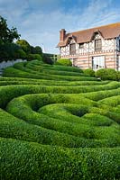 Spiral sculpted hedges of Phillyrea angustifolia. Les Jardins D'etretat, Normandy, France. 