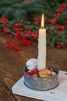 Close up detail of candle holder with walnuts and Ilex berries in base. 