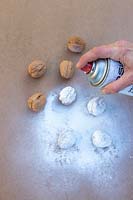 Person using white spray paint to decorate walnuts.