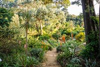 Steps lead down the Mediterranean Bank at Abbotsbury Subtropical Gardens,  Dorset, UK.