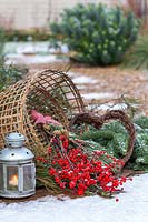 Winter snowy arrangement of Ilex berries, bamboo cloches and galvanised lanterns