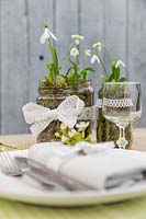 Table decoration of Snowdrops - Galanthus woronowii planted in jam jars decorated with lace ribbon