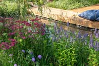 Achillea millefolium 'Cerise Queen' with Agastache 'Blue Fortune' and Scabiosa 'Butterfly Blue' next to a pond and oak decking - Raised by Rivers, RHS Tatton Park Flower Show 2018