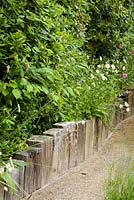 Railway sleepers form a path edging at the Barefoot Garden, Cornwall, UK