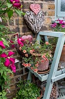 Wooden ladder frame displaying potted plants small urban garden. 