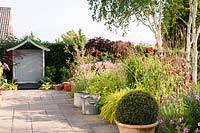 Terrace with arbour, clipped box, Geranium and grasses including Hakonechloa macra 'Aureola'.