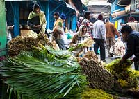 Flower market with pile of palm leaves for sale