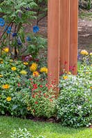 Pillars set in border of Salvia, Meconopsis and Protea in The British Council Garden - India: A Billion Dreams. Sponser: British Council, RHS Chelsea Flower Show, 2018.
