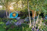 Artwork with Lupinus, Digitalis and Betula, The David Harber and Savills Garden, RHS Chelsea Flower Show, 2018