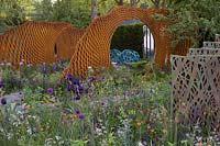 Sculptures with mixed planting, The David Harber and Savills Garden, RHS Chelsea Flower Show, 2018 
