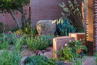 Earth walls with poppies and herbs, The M and G Garden, RHS Chelsea Flower Show, 2018 