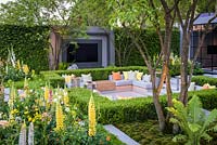 Sunken seating with box hedge and pavillion with multi-stem tree. The LG Eco-City Garden, RHS Chelsea Flower Show, 2018. Sponsor: LG Electronics