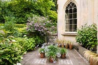 Terrace with pots of Stipa tenuissima and Agapanthus 'Streamline', Wiltshire, England, UK