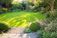 Circular lawn with beds of herbaceous perennials, clipped Box and grasses - Shropshire, UK