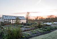 Vegetable garden with greenhouse on a frosty morning
