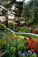 Borders, curved lawn and path - Pam Woodall's garden, 'Pinecombe' in Dorset, UK