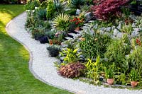 Curved lawn and path - Pam Woodall's garden, 'Pinecombe' in Dorset, UK