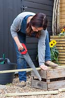 Woman using hand saw to cut length of wood for trellis project. 