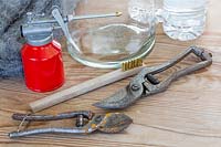 Tools required for cleaning metal secateurs. 