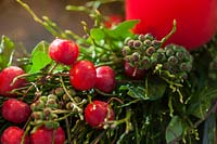 Detail of Vaccinium myrtillus wreath and ivy cirrus with infructescence - Advent
 wreath with 4 red candles and Malus spec. berries