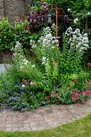 View of curved border with flowering herbaceous perennials spilling onto paved pathway. 

