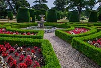 Victorian parterre and yew topiary at Bodrhyddan Hall, Rhuddlan, North Wales.