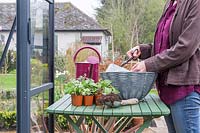 Woman cutting a drainage hole in the lining of the hanging basket. 