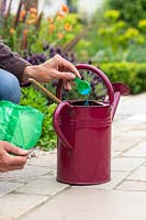 Person adding feed with plastic measuring scoop into watering can.
