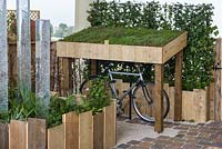 Raised beds, ivy hedge  and bike shelter with green roof - Capel Manor College, Young Gardeners' of the Year, Ascot Spring Garden Show 2018