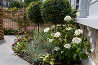 Front garden with contemporary wood fencing and curved mixed flowerbed.