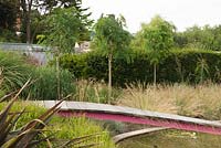 Contemporary garden with wooden bridge across pond, planting of ornamental grasses such as 
Chasmanthium latifolium and Panicum, a row of Robinia x margaretta 'Pink Cascade'
