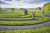Labyrinth inspired by a Hindi temple design, with standing slate stones. Holker Hall, Grange over Sands, Cumbria, UK. 