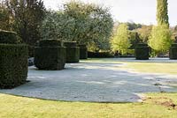 Sun melts frost on a lawn surrounded by yew blocks.  Heale House, Middle Woodford, Wiltshire