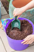 Woman mixing hydration crystals in potting compost prior to planting. 