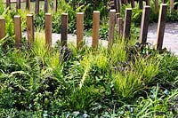 Ferns and grasses with timber posts. Calm In chaos garden, RHS Tatton Park 