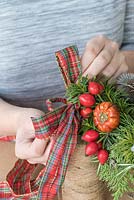 Person tying wire-edged festive ribbon to Christmas wreath. Step-by-Step for making a Christmas Tree shaped door wreath. 
