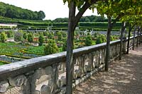 Vine covered terrace overlooking Potager Garden at Chateau de Villandry, Loire Valley, France
