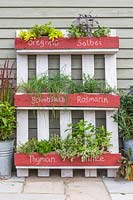 Upcycled herb pallet planter, with common names of herbs identified in German
