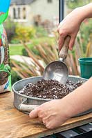 Woman pixing perlite into compost to make free-draining soil.