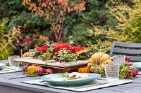 View of autumnal table setting, with floral arrangement, squashes and rose hip place settings.