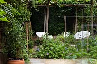 Modern courtyard garden with trained Parrotia persica - Persian Ironwood espalier trees - and modern white chairs. 